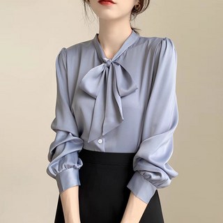 아이도스 여성 고급 패션 셔츠 새틴 쉬폰 긴팔 오피스 정장 블라우스 빅 사이즈 흰색