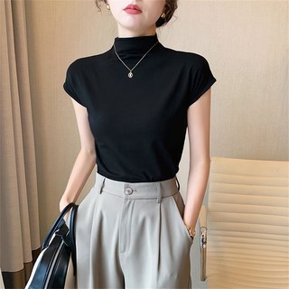 Vezri 하이넥 슬림 탑 여성용 크롭티 반팔 썸머 데일리 이너웨어 Aaa