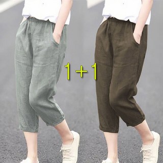 ORZQU 1+1 여성 여름 얇은 린넨바지 캐주얼 하이웨이스트 일자 바지 7부와이드 팬츠 빅사이즈슬랙스