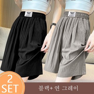 ROYALBELLE 여성 (1+1)2장묶음 레이온 하이웨스트 트레이닝 반바지 허리밴딩 와이드 5부 바지 M0042710