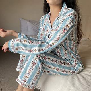 캔디바 플라워 베어 홈 파자마(곰돌이파자마 꽃잠옷바지 파자마세트 플라워파자마셋트 긴팔 봄가을 파자마파티 홈파티 소라 스트라이프 줄무늬 러블리 귀여운 여자 여성 테디베어 리본 인싸)