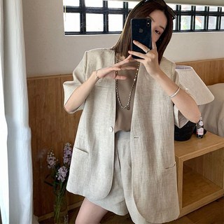씨유언니 여성 봄여름 루즈핏 V넥 반팔 정장 자켓 오버핏 무지 블레이저 자켓