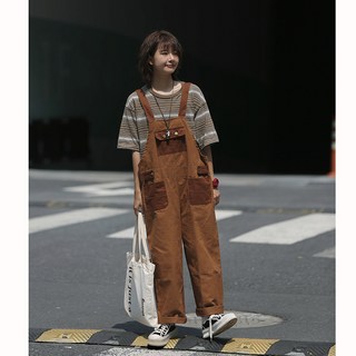 가을 빈티지 패치 박색 빅포켓 카고 멜빵바지 커플 와이드 중성 일자 팬츠 남