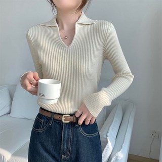 CJ 여성용 브이넥 골지 니트 슬림핏 긴팔티 프리 기본템