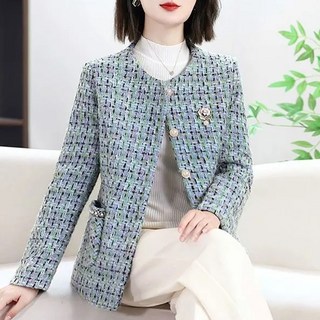 5xl까지 중년여성 트위드 자켓 라운드 긴팔 숏 코트 기질 우아 엄마복 상의 예쁜 하객룩 정장코트 빅사이즈