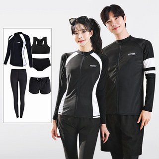 서프라이더 남녀 라인배색 집업래쉬가드 상의+하의+이너+레깅스 풀세트 빅사이즈