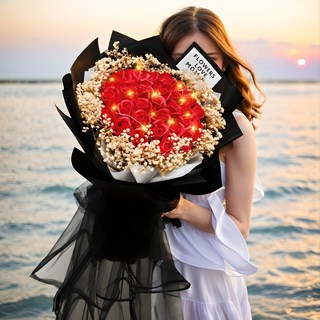 다 잘될꺼야 아르띠콜로 LED 장미 안개꽃 대형 꽃다발, 레드