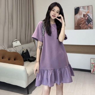 지고다그 여성 여름 반팔 카라티 프릴 밑단 원피스 루즈핏 데일리 캐주얼 원컬러 미니 원피스 YY30708