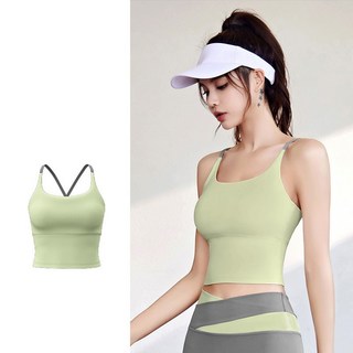 여성 요가 운동 조끼 가슴 패드 내장 민소매 끈 필라테스 헬스 쇼트 조끼 상의