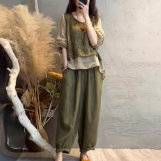 여름 최신 트렌드 줄기 코너 면마 세트 브이넥 상의 가림 배기 팬츠 슬림핏 투피스 브이넥 디자인 상의 배기 팬츠 봄 가을