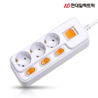 현대 국산 접지 개별 +과부하차단 스위치 멀티탭 멀티콘센트 3구 (16A), 1.5m, 화이트, 1개