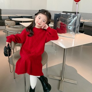 JS1981 여아 키즈 주니어 봄 가을 겨울 고퀄 반폴라 긴팔 미디 롱 플레어 플리츠 울혼방 니트 원피스 드레스 치마 데일리 아동복