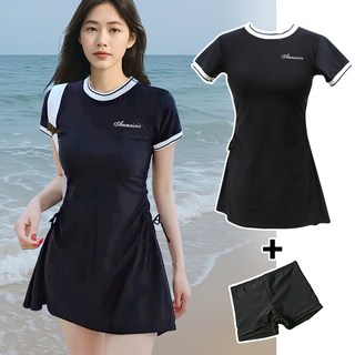 스토리원 WM-SSOS004 여성 원피스 래쉬가드 실내 수영복 비치웨어, 블랙