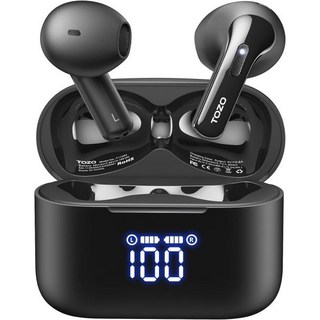 TOZO 톤 핏 T21 무선 이어버드 5.3 블루투스 헤드폰 듀얼 마이크 노이즈 캔슬링 포함 세미 이어 IPX8 방수 파워 디스플레이 44H 재생 스테레오 사운드 충전 케이스, Black, 블랙
