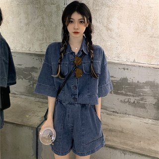 여성 반팔 데님 자켓+반바지 투피스 세트