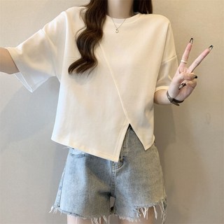 2025반팔티 모던 여자 디자인감각 여름 슬림 순면 통기성 사선 군살커버 오버핏 라운드 트임반팔