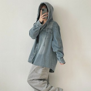 (모노레인) 워싱 스냅단추 박시 후드 데님 남방자켓 D 4413