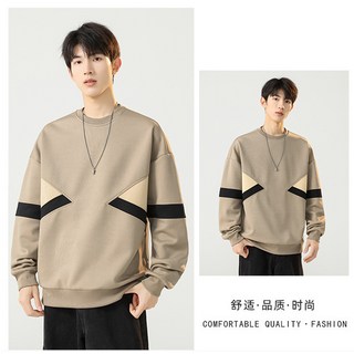최신 라운드넥 스웨트셔츠 남성 배색 2025 캐주얼 트렌디 브랜드 루즈핏 멋진 긴팔 티셔츠 남성 베이스 레이어