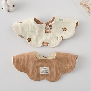 양면 사용 아기 턱받이 웨이브 레이스 부드러운 면 트리밍 타액수건, Biscuit Bear, 1개
