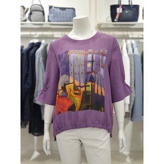 크로커다일레이디 청량감있는 프린트 블루종 인견 블라우스