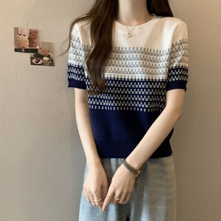 지고다그 여성용 여름 배색 반팔 니트 티셔츠 쿨링 소재 슬림핏 감성 코디 상의 ZK4871