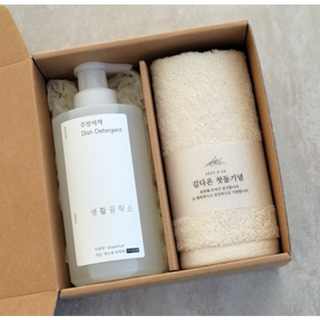 [스티커 제작 완포장][생활공작소 주방세제 500ml + 주방타올] 개인 단체 기관 행사 답례품, 1세트, 무형광 주방타올