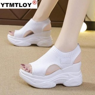 웨지 하이 힐 샌들 통굽 슬리퍼 쪼리 블랙 화이트 스트레치 패브릭 플랫폼 높이 신발 9CM 할로우 아웃 들여다 발가락 검투사 레트로 캐주얼 여성 하이힐