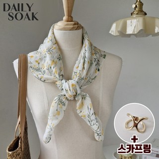 데일리쏙 천연 린넨 100% 여름 플라워 쁘띠 사각 스카프 마 간절기 머플러+스카프링