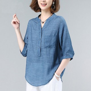ROYALBELLE 여성 린넨 브이넥 셔츠 루즈핏 얇은 반팔 블라우스 엄마옷 F0030315