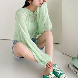 뜨개진 여성용 루즈핏 소매퍼프 스트링 시스루 크롭 니트 케이틀린 후드티