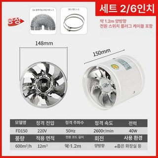 강력배기휀 원형 양방향 환기 화장실 덕트 150, 화이트 6인치 150 양방향 원통 패키지 2