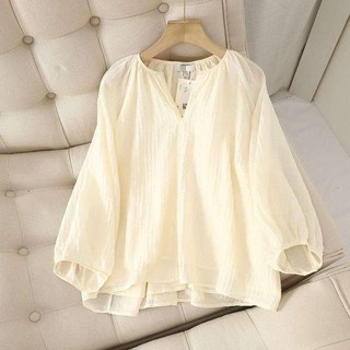 바스락블라우스 브이넥 7부소매 벌룬블라우스 시보리