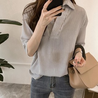 여성 셔츠형 스트라이프 블라우스 긴팔 카라넥