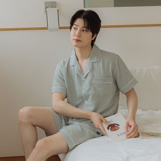 도씨 남성용 냉감 통기성 시어서커 레이온 카라 반팔 잠옷 세트