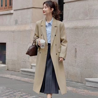 ORZQU 가을 여성 캐주얼 롱 정장 코트 심플 카키 트렌치 코트