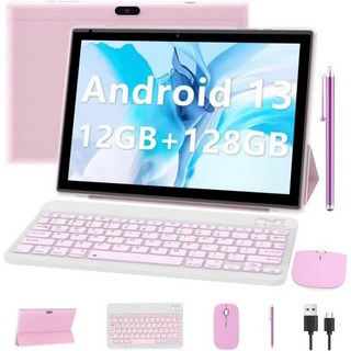 Android 13 태블릿 10인치 12GB RAM 128GB ROM1TB 확장형 키보드 케이스 마우스 스타일러스 포함 1개 중 2개 2.0GHz 쿼드코어 CPU 1280800, Pink