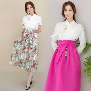 선데이한복 리연 꽃자수 화이트 반팔-긴팔 면 저고리
