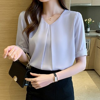 ANYOU 여성 여름 셔츠 반팔 루즈핏 브이넥 블라우스