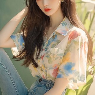 JIEVE블라우스 여성 여름 패션 스타일의 플라워 포인트 디자인 카라 반팔 데일리 폴리 7부 셔츠SW061404