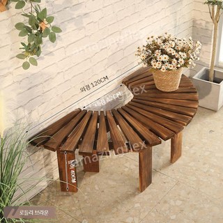 야외 원목 반달 벤치의자 화분대, 브라운