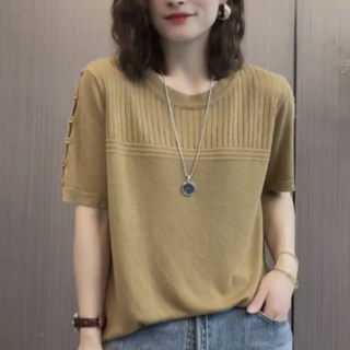 ROYALBELLE 여성용 레이온 반팔 티셔츠 패션 루즈핏 니트 라운드넥 티 D0032806