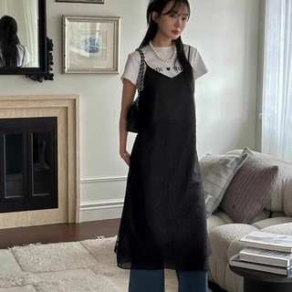 POMTOR 여성 봄 여름 빅사이즈 후양지 플라워 펀칭 자수 뷔스티에 끈나시 레이어드 롱 원피스