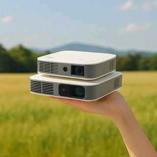 제우스 스카이 미니빔으로 야외 캠핑장에서 영상을 보는 모습