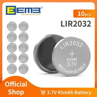 EEMB LIR2032 3.7V 45mAh 충전식 리튬 이온 버튼 배터리 코인 셀 – 이어폰, 자동차 키, 시계용 (10개 세트)