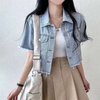 여성 하이웨스트 데님 반팔 상의 여름 워싱 블루 숏 재킷 CIILLNY
