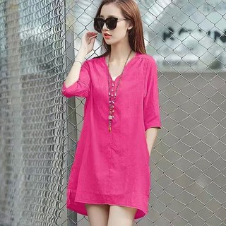 ROYALBELLE 여성 린넨 오버핏 브이넥 반팔 미니 원피스 캐주얼 데일리 5부소매 원피스 M0043011