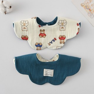 양면 사용 아기 턱받이 웨이브 레이스 부드러운 면 트리밍 타액수건, Red blue bear, 1개