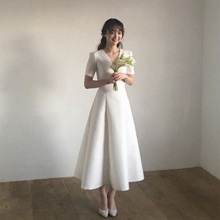 V넥 셀프웨딩 새틴 드레스 돌맘 돌잔치 빅사이즈 결혼식 2부 피로연 스냅촬영 리마인드