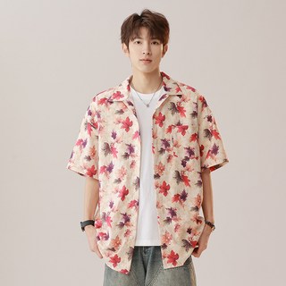 POMTOR 남성 여름 꽃무늬 반팔 셔츠 아이스 실크 소재