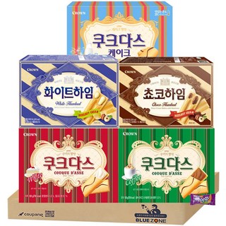 [블루존] 크라운 사무실 과자 세트 615g (쿠크다스 케이크 75g+화이트 128g+커피 128g+화이트화임 142g+쵸코하임 142g), 1개